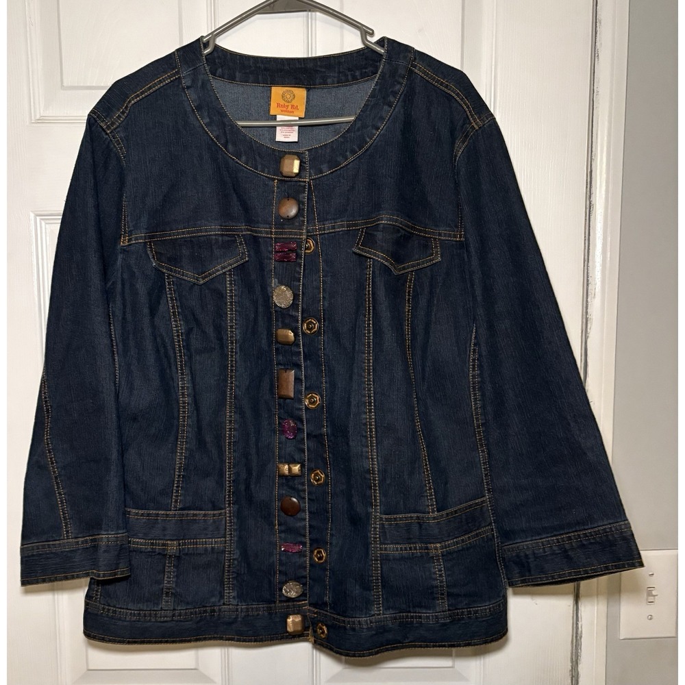 RUBY RD Jean Jacket Embellished Button/Snaps Round Neck Rockabilly Stretch 22W